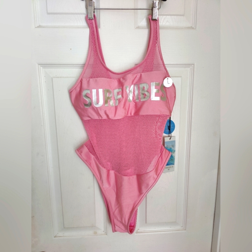 Forever 21  Pink One Piece Good Vibes Mesh High Waisted Swimsuit Beach Sz L NWT